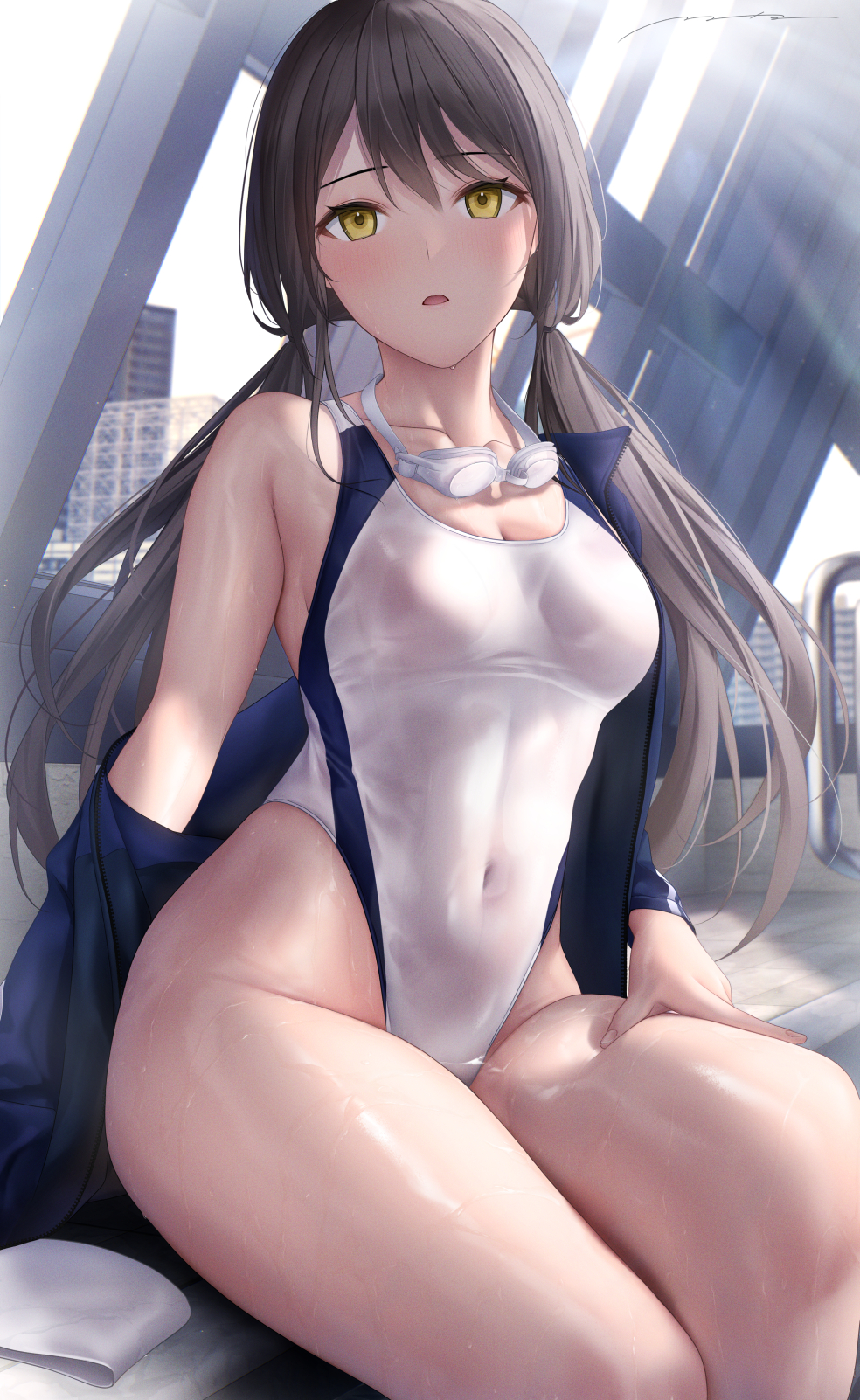 1girl, bangs, blue_jacket, breasts, brown_hair, collarbone, commentary, competition_swimsuit, covered_navel, eyebrows_visible_through_hair, goggles, goggles_around_neck, hair_between_eyes, hand_on_own_thigh, highleg, highleg_swimsuit, highres, jacket, long_hair, looking_at_viewer, medium_breasts, mhru, off_shoulder, one-piece_swimsuit, open_clothes, open_jacket, original, parted_lips, single_bare_shoulder, sitting, solo, swimsuit, twintails, white_swimsuit, yellow_eyes