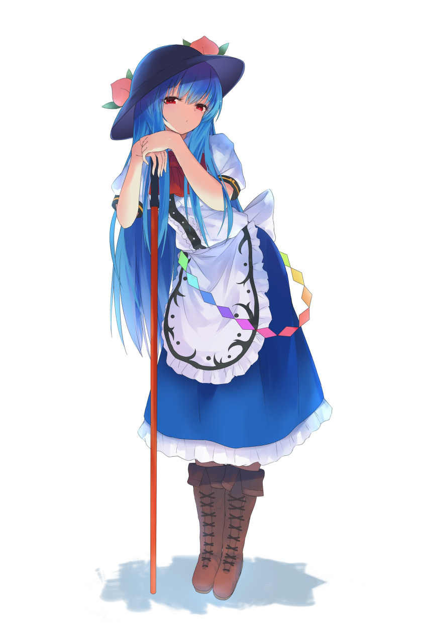 1girl, :/, absurdres, back_bow, bent_over, black_headwear, blue_hair, boots