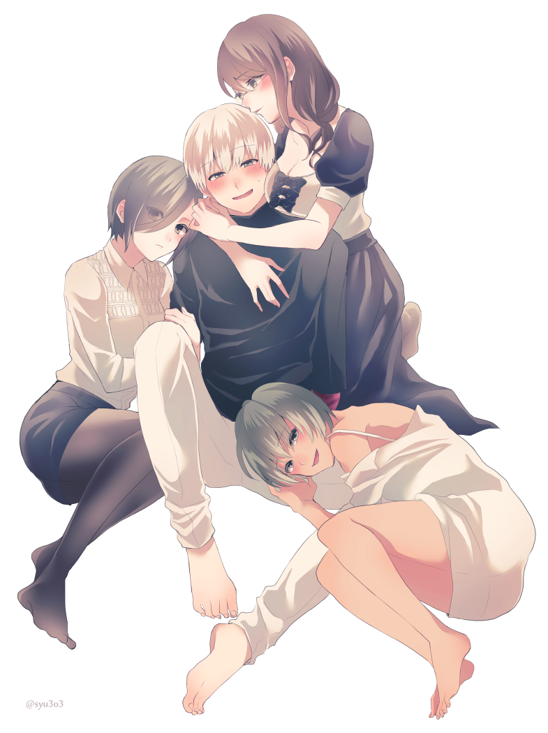 1boy, 3girls, :d, bangs, barefoot, black_legwear, black_shirt, black_skirt
