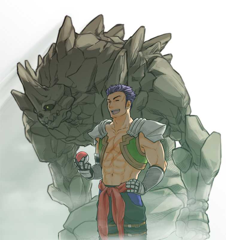 1boy, abs, armor, bandaged_arm, bandages, closed_eyes, cropped_jacket, crossover