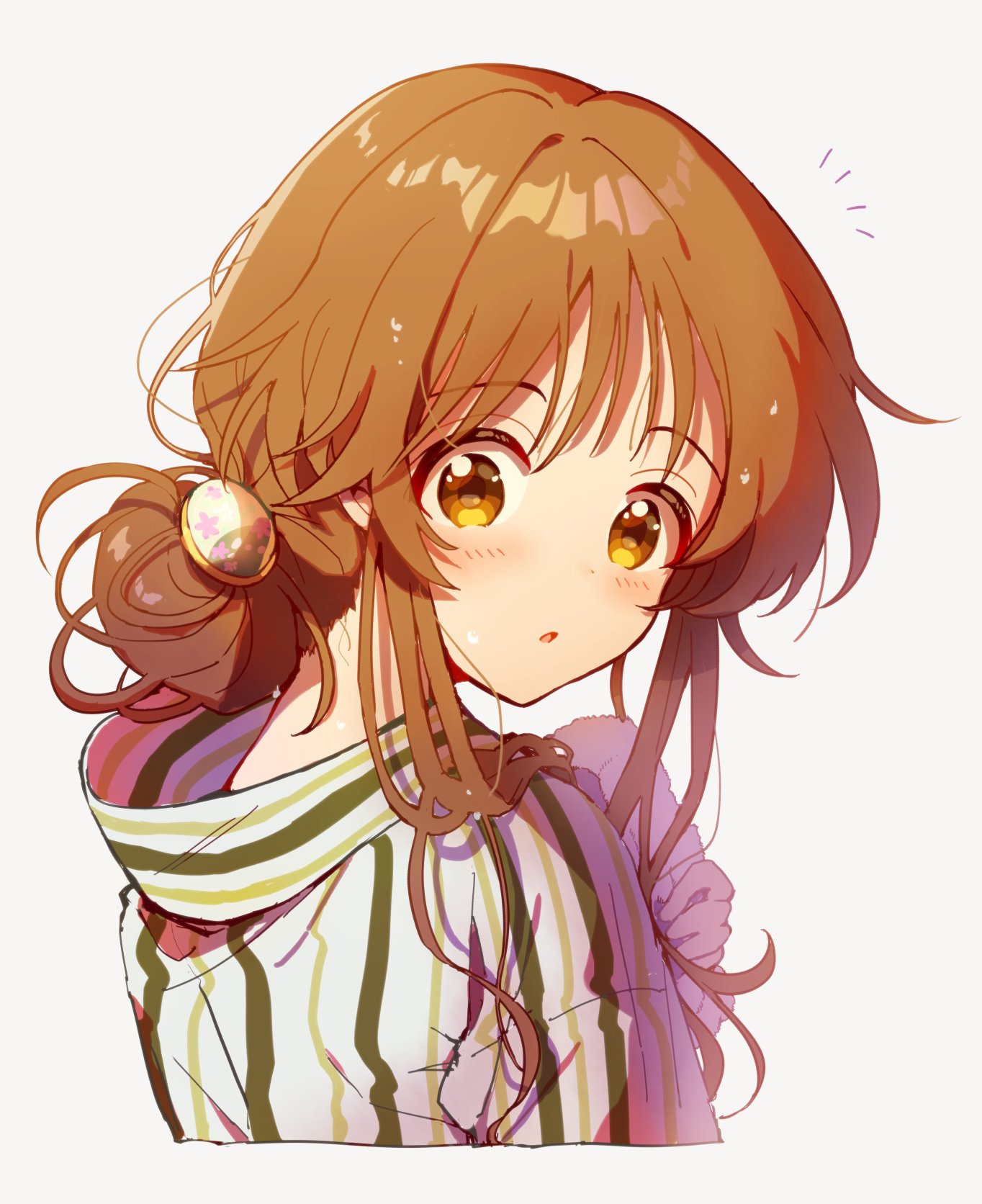 1girl, :o, after_bathing, blush, brown_hair, cropped_torso, eyebrows_visible_through_hair, hair_bun