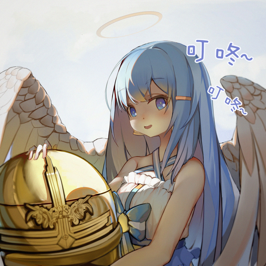 1girl, absurdres, angel_wings, bell, bell_earrings, bellringer_angel, blue_bow, blue_eyes, blue_hair, bow, dress, earrings, feathered_wings, hair_ornament, hairclip, halo, halterneck, highres, jewelry, long_hair, outdoors, qq742746059, shadowverse, solo, upper_body, white_wings, wings