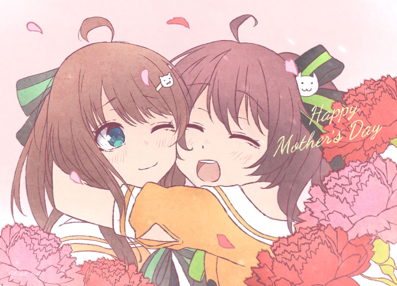2girls, :d, ahoge, brown_hair, cheek-to-cheek, closed_eyes, flower, green_eyes