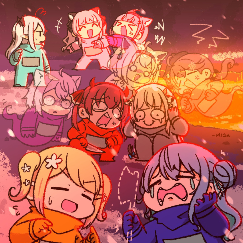 6+girls, ahoge, among_us, anger_vein, animal_ears, bangs, blue_hair, cat_ears, closed_eyes, commentary_request, cosplay, crewmate_(among_us), crewmate_(among_us)_(cosplay), crying, eyebrows_visible_through_hair, flower, ghost_(among_us), ghost_(among_us)_(cosplay), hair_flower, hair_ornament, highres, hololive, hoshimachi_suisei, houshou_marine, minato_aqua, molten_rock, momosuzu_nene, multiple_girls, murasaki_shion, nekomata_okayu, open_mouth, pointy_ears, redhead, sakura_miko, shirakami_fubuki, shirogane_noel, silver_hair, tears, virtual_youtuber, wakatsuki_misato, yukihana_lamy