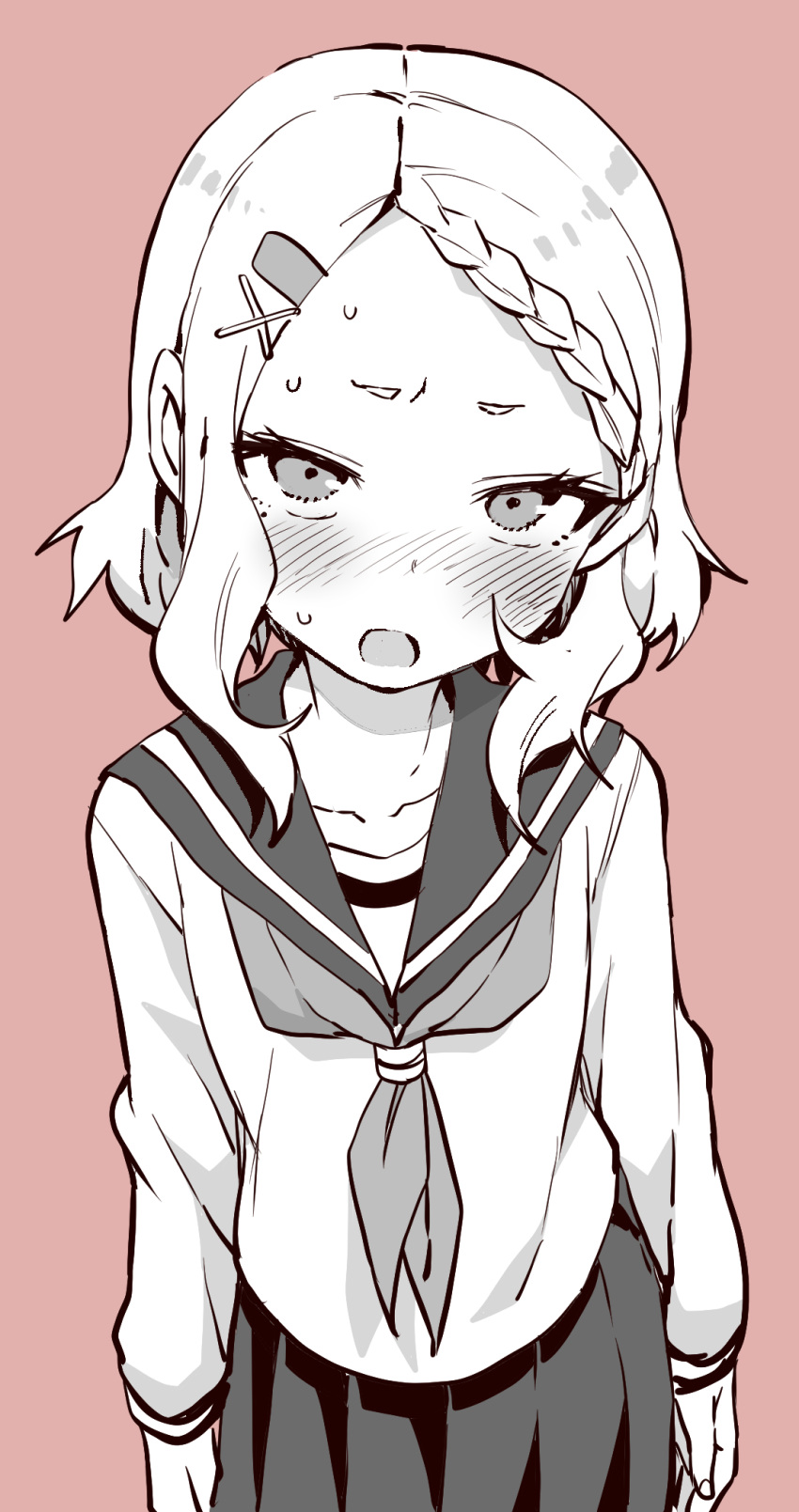 1girl, bangs, blush, braid, braided_bangs, brown_background, commentary_request, forehead