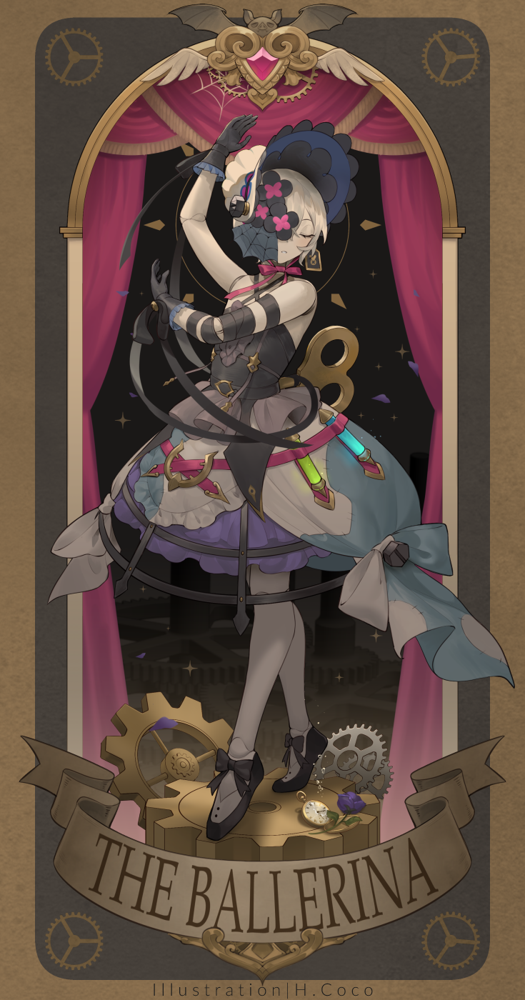 1girl, arm_up, bandaged_arm, bandages, black_footwear, black_gloves, black_shirt, bonnet