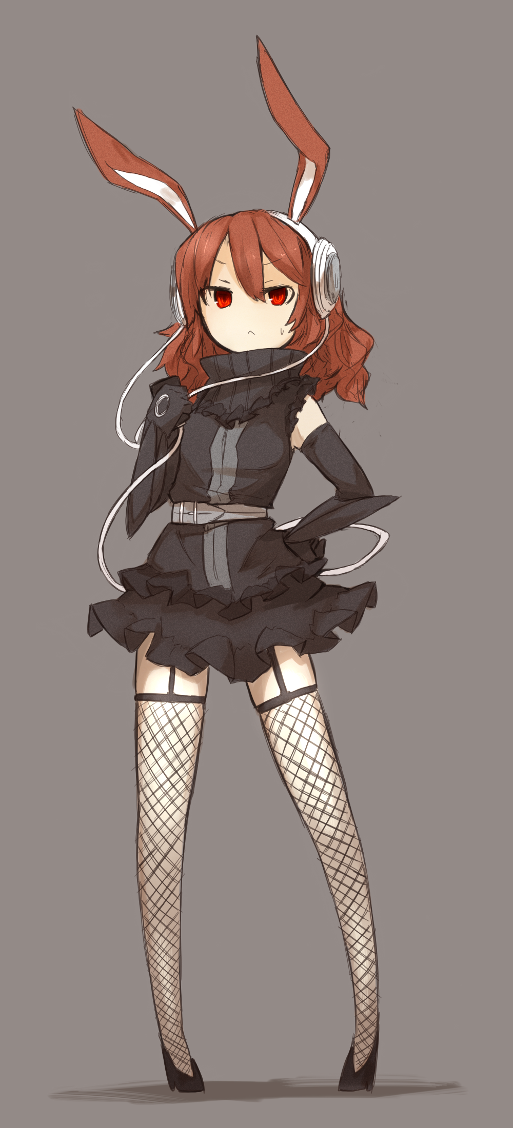 animal_ears, brown_hair, bunny_ears, fishnets, headphones, highres, legs, original, pc_personification, rabbit_ears, red_eyes, shirogane_usagi, simple_background, skirt, solo, thighhighs