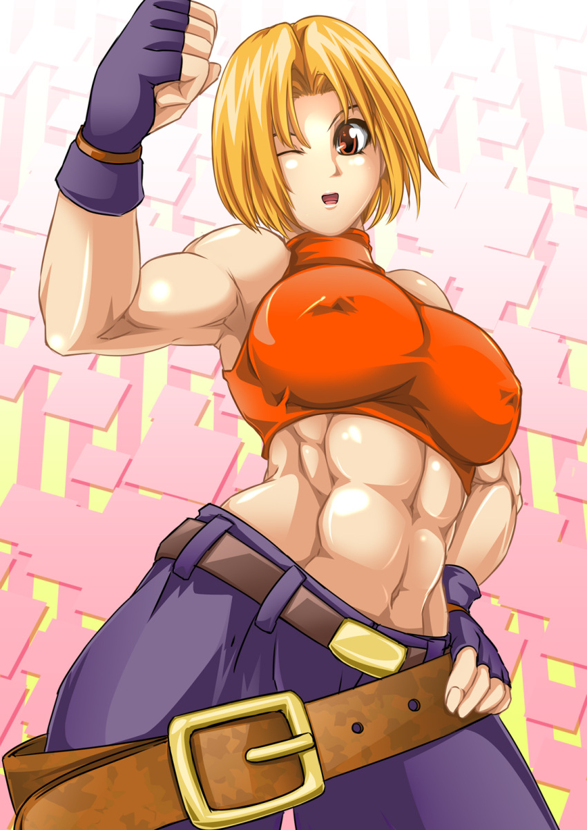 abs, alop-net, arm_up, armpits, belt, beltskirt, blonde_hair, blue_mary, breasts, erect_nipples, fatal_fury, fingerless_gloves, gloves, halterneck, hand_on_hip, highres, king_of_fighters, large_breasts, midriff, muscle, navel, open_mouth, red_eyes, short_hair, sleeveless, snk, solo, taut_shirt, wink