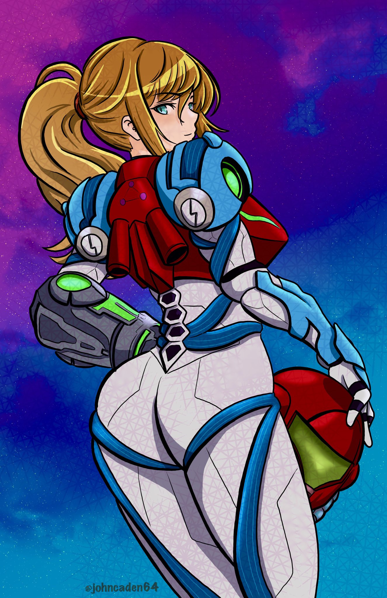 1girl, arm_cannon, armor, ass, bangs, blonde_hair, blue_eyes, glowing
