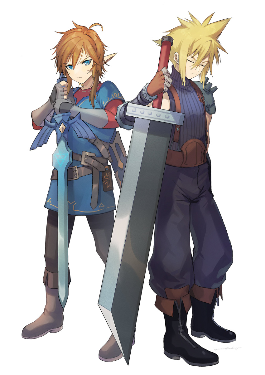 2boys, absurdres, bangs, belt, blonde_hair, blue_eyes, buster_sword, closed_eyes, cloud_strife, earrings, final_fantasy, final_fantasy_vii, final_fantasy_vii_remake, gloves, hat, highres, holding, hylian_set_(zelda), jewelry, link, looking_at_viewer, male_focus, master_sword, multiple_boys, pointy_ears, shield, short_hair, spiky_hair, super_smash_bros., sword, the_legend_of_zelda, the_legend_of_zelda:_breath_of_the_wild, weapon, yasaikakiage