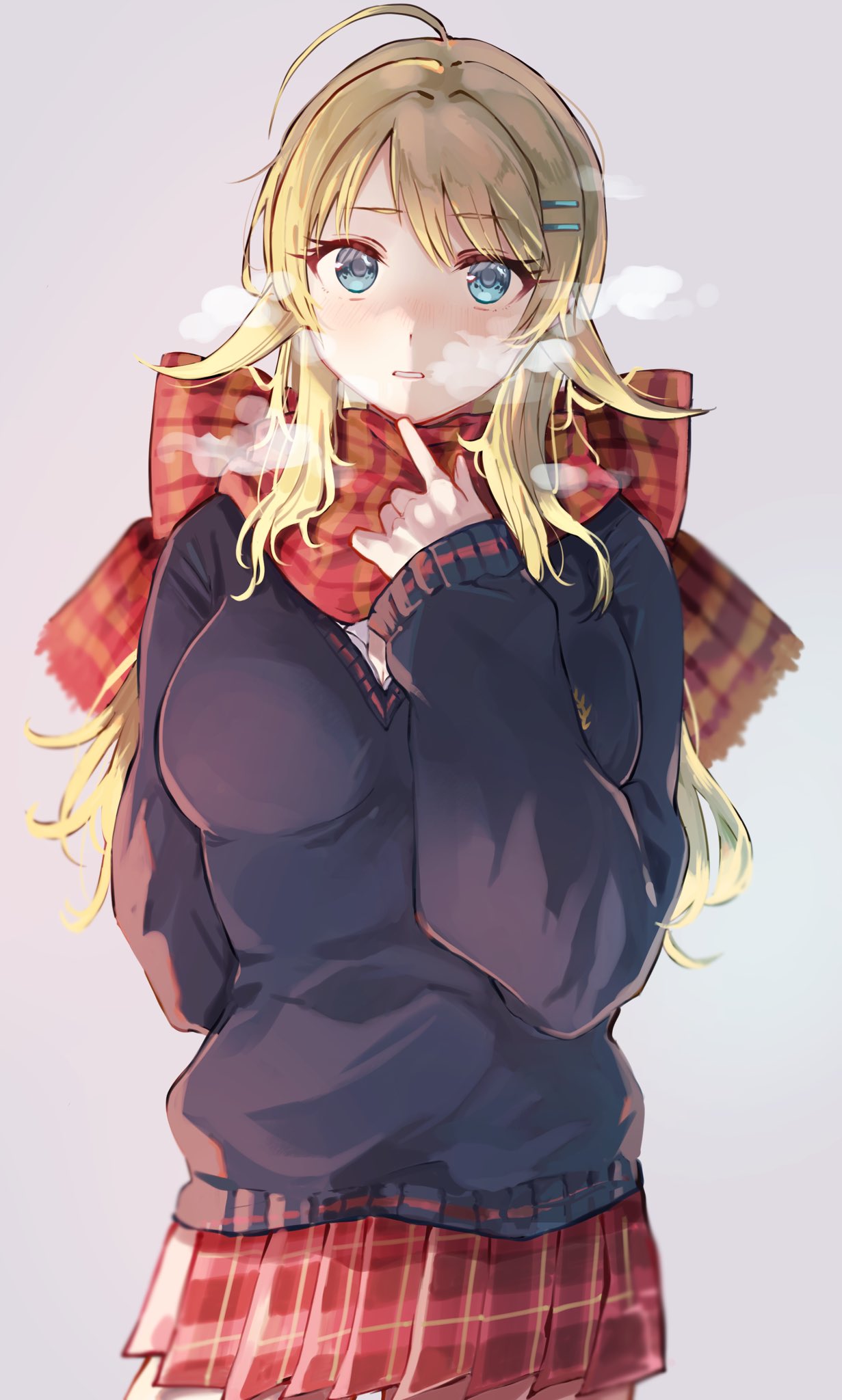 1girl, ahoge, arm_behind_back, bangs, black_sweater, blonde_hair, blue_eyes, blush