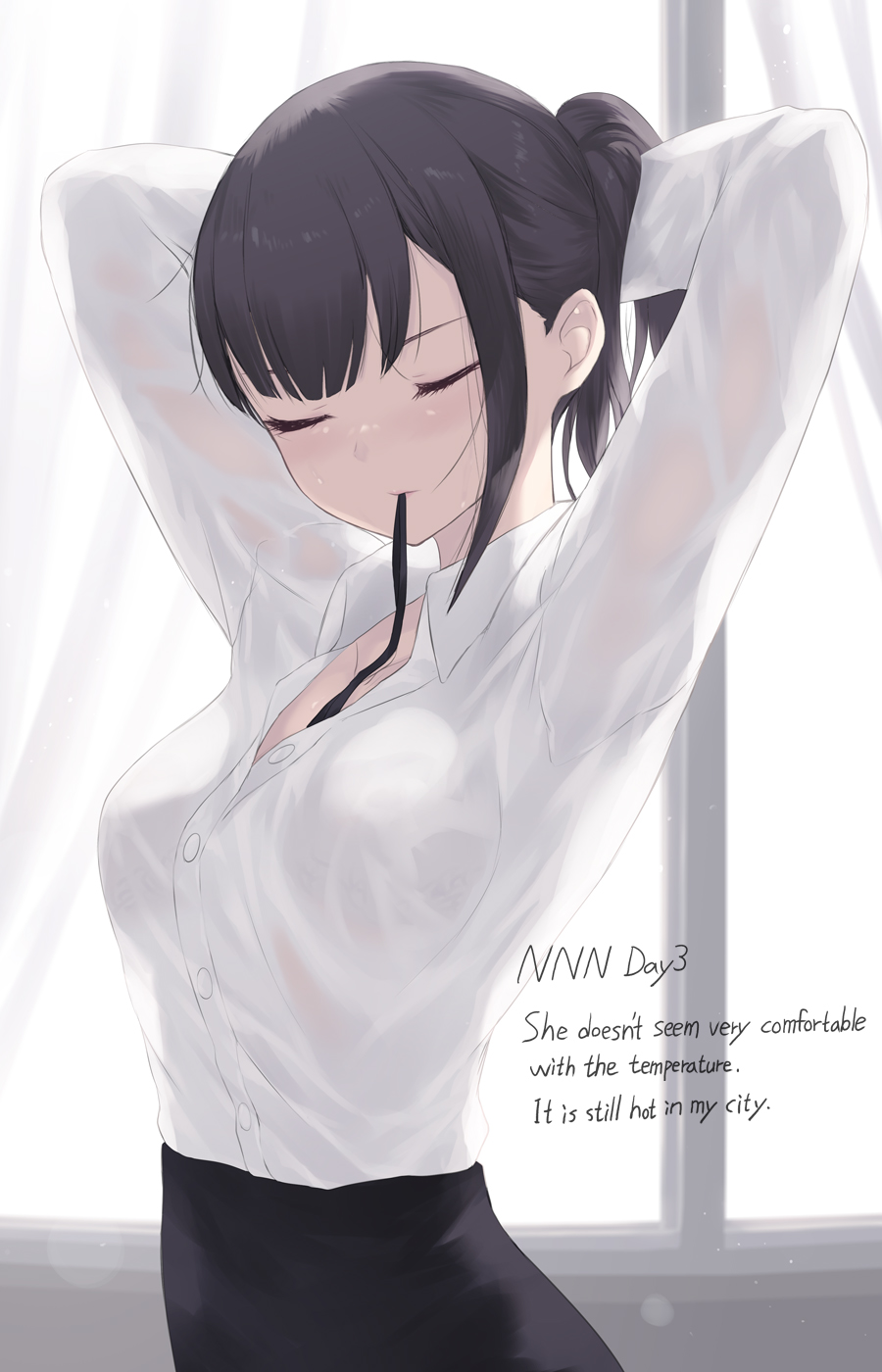 1girl, arms_behind_head, backlighting, bangs, black_hair, black_ribbon, black_skirt, blunt_bangs