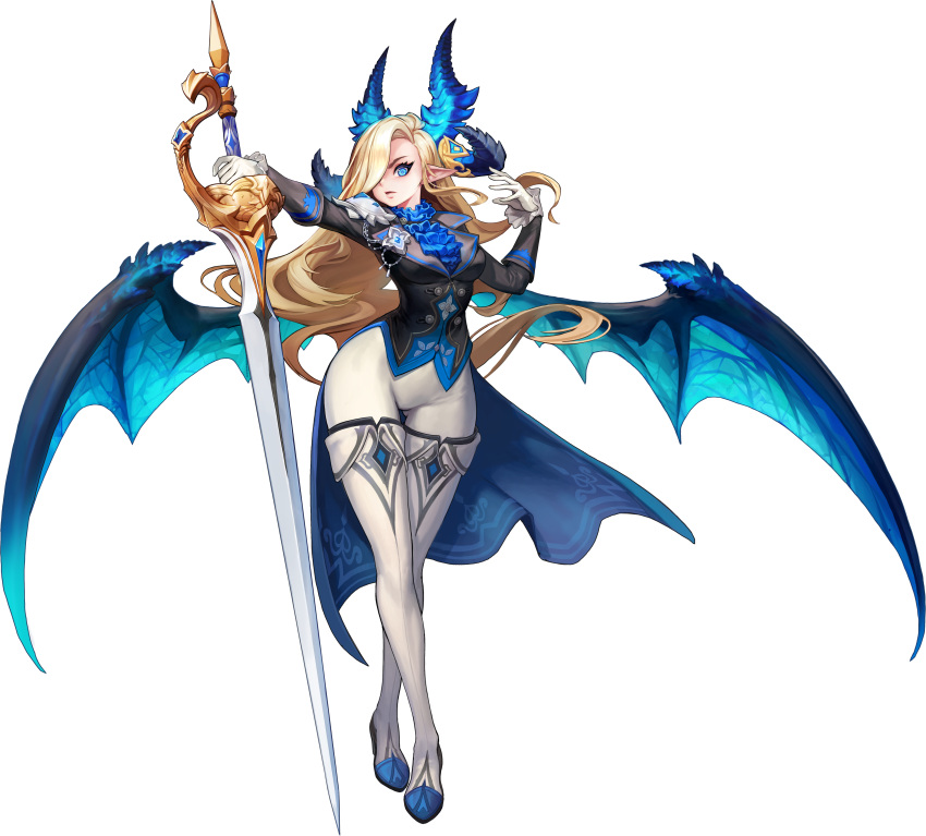 1girl, absurdres, blonde_hair, blue_eyes, blue_horns, blue_wings, boots, breasts, demon_girl, full_body, game_cg, gloves, guardian_tales, hair_over_one_eye, hand_up, high_heel_boots, high_heels, highres, holding, holding_weapon, horns, long_hair, looking_at_viewer, medium_breasts, noble_succubus_bianca, official_art, pointy_ears, rapier, solo, standing, sword, thigh-highs, thigh_boots, transparent_background, weapon, white_gloves, white_legwear, wings