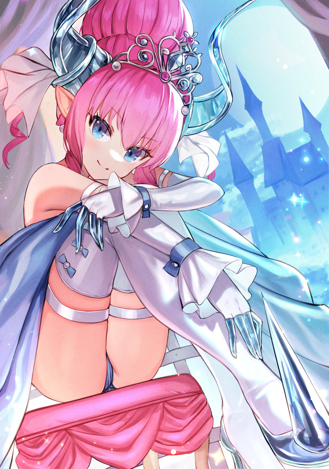 1girl, blue_panties, castle, crown, dolce_(dolsuke), elbow_gloves, elizabeth_bathory_(cinderella_rider)_(fate), elizabeth_bathory_(fate)