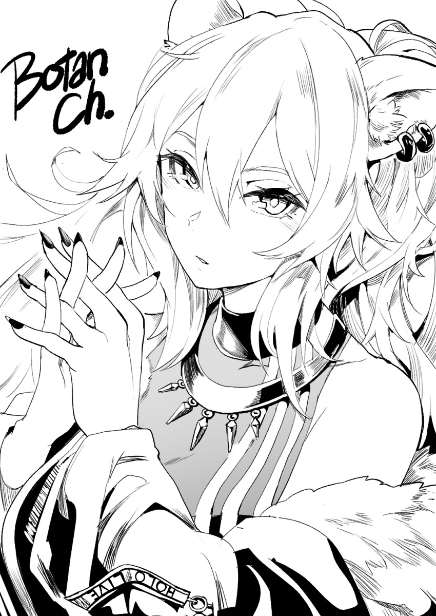 1girl, animal_ear_fluff, animal_ears, bangs, breasts, character_name, collarbone, ear_piercing