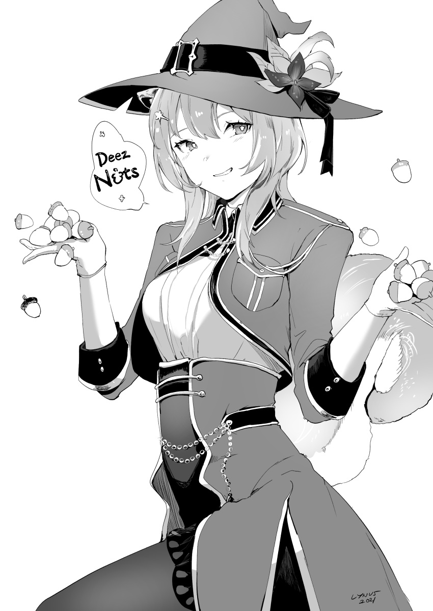 1girl, absurdres, acorn, ayunda_risu, bangs, breasts, deez_nuts_(meme), english_commentary