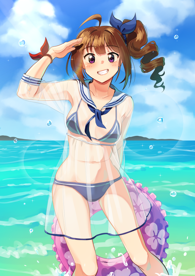 1girl, ahoge, bangs, bikini, blue_bikini, blue_neckwear, blue_ribbon, blue_sky