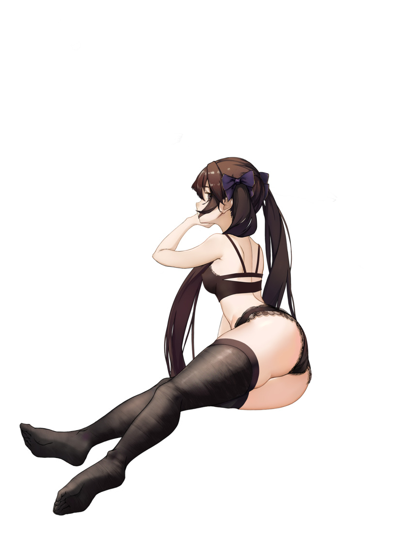 1girl, arms_up, ass, bare_arms, bare_shoulders, black_bra, black_panties, bow, bra, breasts, brown_eyes, brown_hair, covered_nipples, from_behind, full_body, genshin_impact, hair_bow, highres, hoshino_arika, lace-trimmed_panties, lace_trim, long_hair, looking_at_viewer, looking_back, medium_breasts, mona_(genshin_impact), no_shoes, panties, purple_bow, reclining, simple_background, soles, solo, thigh-highs, twintails, underwear, underwear_only, very_long_hair, white_background