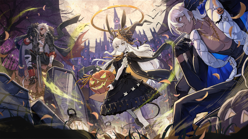 1girl, 2boys, alchemy_stars, animal_ears, bandaged_arm, bandaged_leg, bandages, bangs