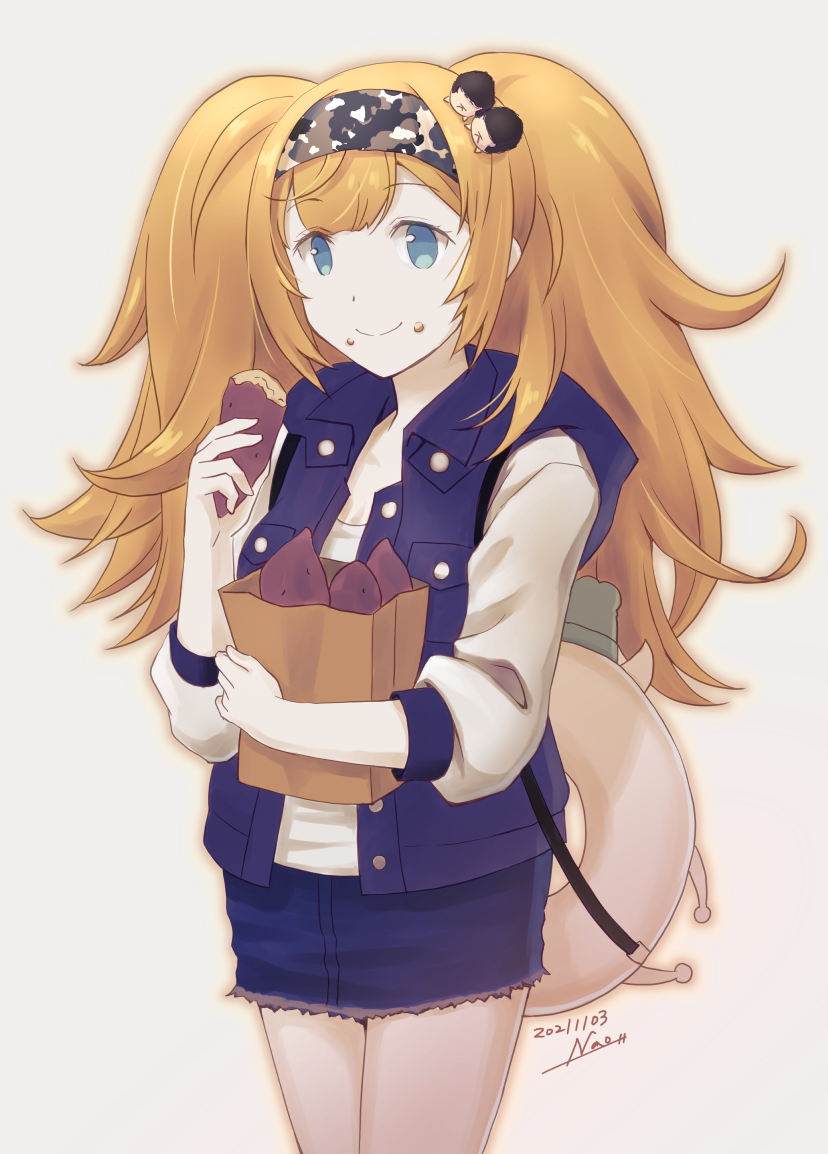 1girl, bag, blonde_hair, blue_eyes, blue_skirt, blue_vest, camouflage_hairband, denim