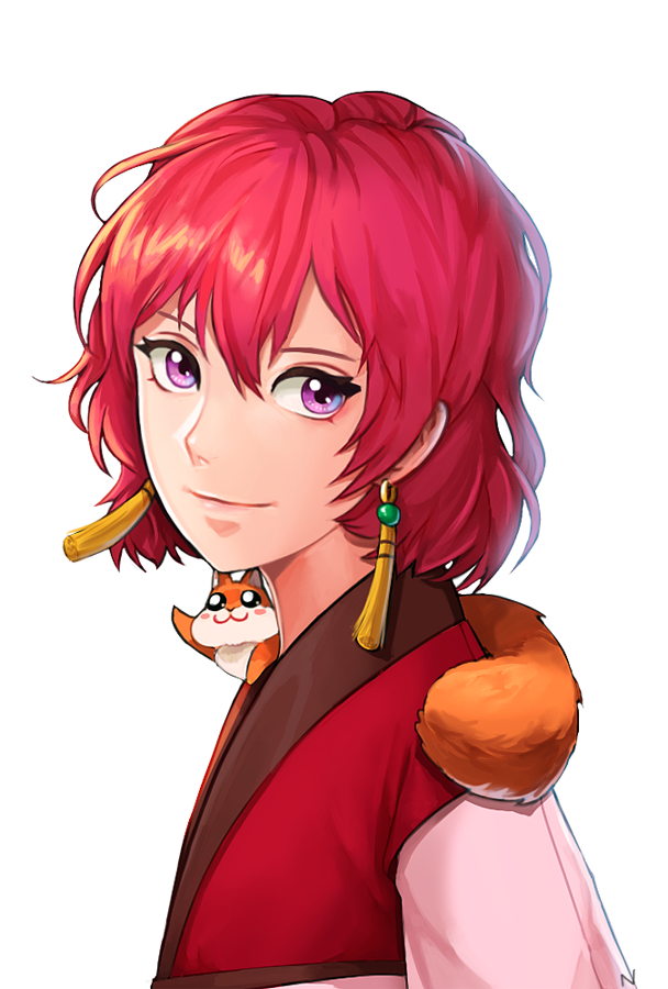 1girl, akatsuki_no_yona, animal_on_shoulder, earrings, jewelry, looking_at_viewer, n-i-s-s-i, portrait, redhead, short_hair, simple_background, solo, violet_eyes, white_background, yona_(akatsuki_no_yona)