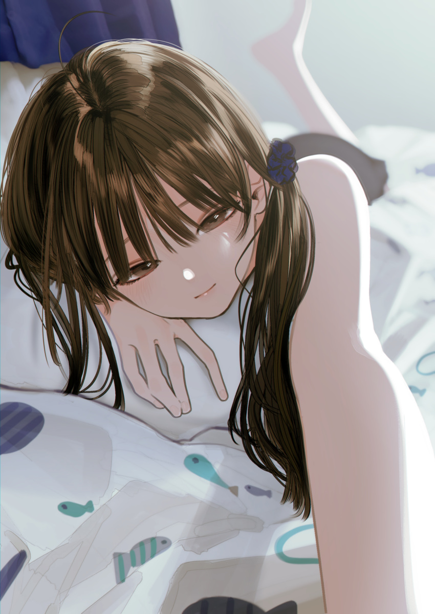 1girl, absurdres, barefoot, bed_sheet, blush, brown_eyes, brown_hair, curtains