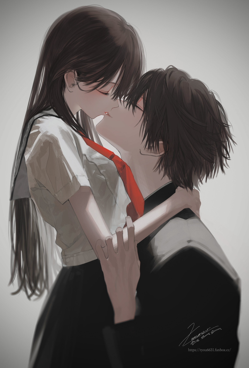 1boy, 1girl, absurdres, age_difference, arms_around_neck, black_hair, black_skirt, blush, closed_eyes, gakuran, gradient, gradient_background, hetero, highres, honnryou_hanaru, kiss, long_hair, neckerchief, necktie, original, profile, red_necktie, ruri_honjou, school_uniform, shirt, short_sleeves, skirt, upper_body, white_shirt