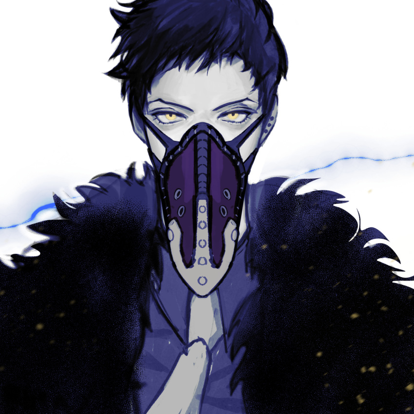 1boy, black_hair, blue_shirt, boku_no_hero_academia, ear_piercing, feather_trim, highres, jacket