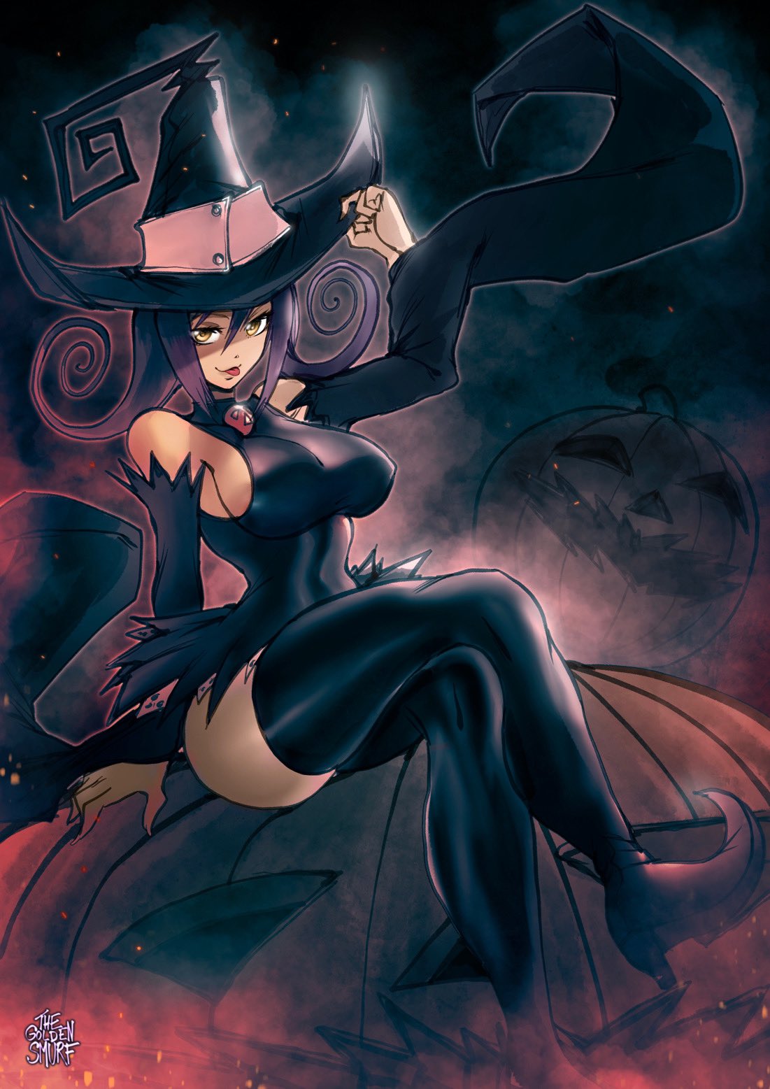 1girl, adjusting_clothes, adjusting_headwear, animal_ears, black_headwear, black_sleeves, blair_(soul_eater), boots, breasts, cat_ears, cat_girl, detached_sleeves, ears_through_headwear, halloween, hat, highres, jack-o'-lantern, large_breasts, long_hair, long_sleeves, night, night_sky, pumpkin, purple_hair, sideboob, signature, sitting, sky, soul_eater, the_golden_smurf, thigh-highs, thigh_boots, thighs, tongue, witch, witch_hat, yellow_eyes