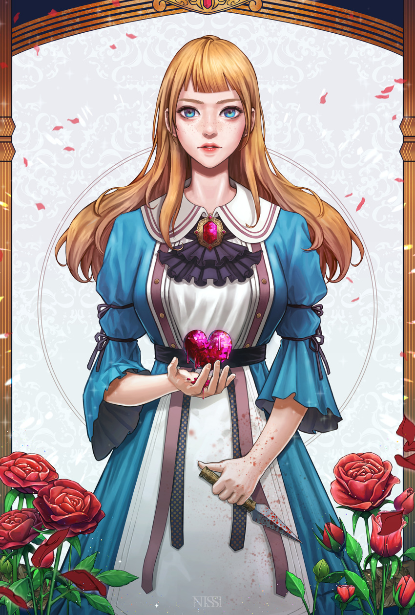 1girl, alice_(alice_in_wonderland), alice_in_wonderland, artist_name, blonde_hair, blood, blood_on_clothes, blood_on_weapon