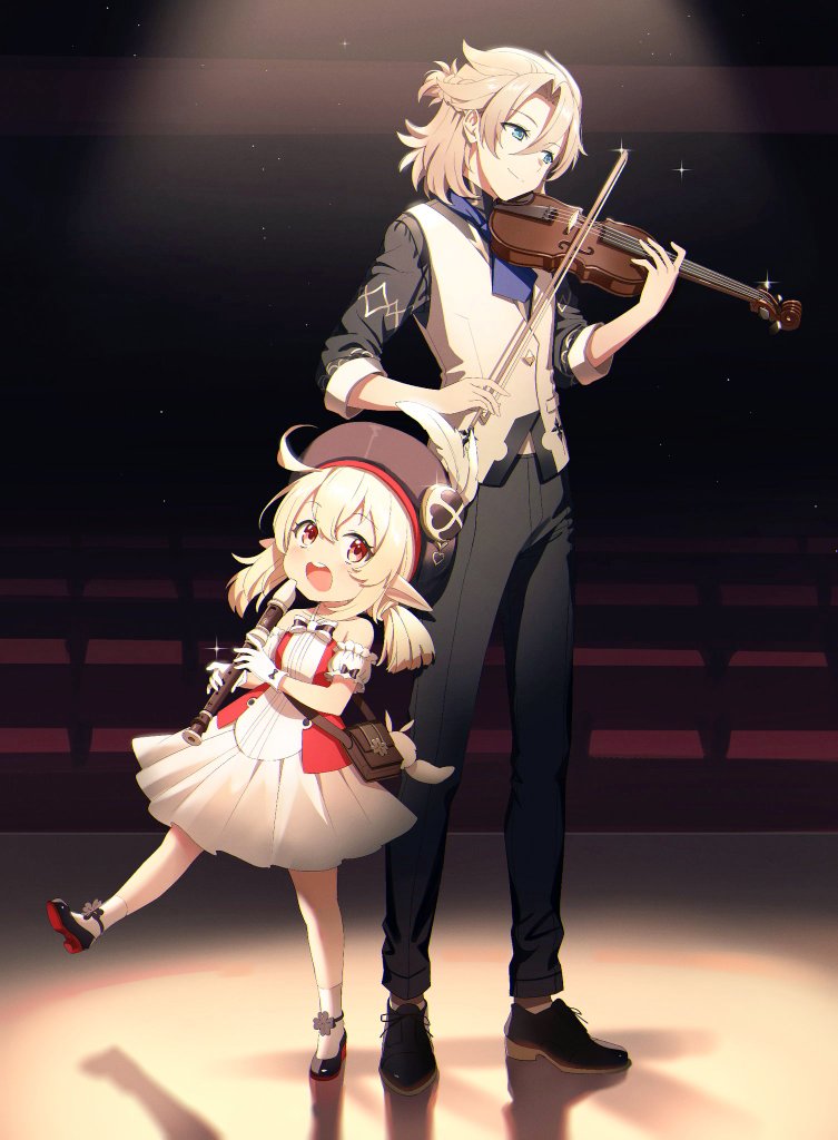 1girl, :d, ahoge, albedo_(genshin_impact), bag, bag_charm, bangs, black_footwear, black_pants, black_shirt, blue_eyes, bob_(bab67ii), braid, brown_hair, charm_(object), clover_print, collared_shirt, commentary, detached_sleeves, dodoco_(genshin_impact), eyebrows_visible_through_hair, full_body, genshin_impact, gloves, hair_between_eyes, handbag, hat, hat_feather, hat_ornament, head_tilt, height_difference, holding, holding_instrument, instrument, klee_(genshin_impact), light_brown_hair, long_hair, looking_at_viewer, low_twintails, music, necktie, official_alternate_costume, orange_eyes, pants, playing_instrument, pointy_ears, recorder, shirt, sidelocks, simple_background, single_braid, size_difference, skirt, smile, standing, standing_on_one_leg, twintails, vest_over_shirt, violin, white_gloves, white_skirt