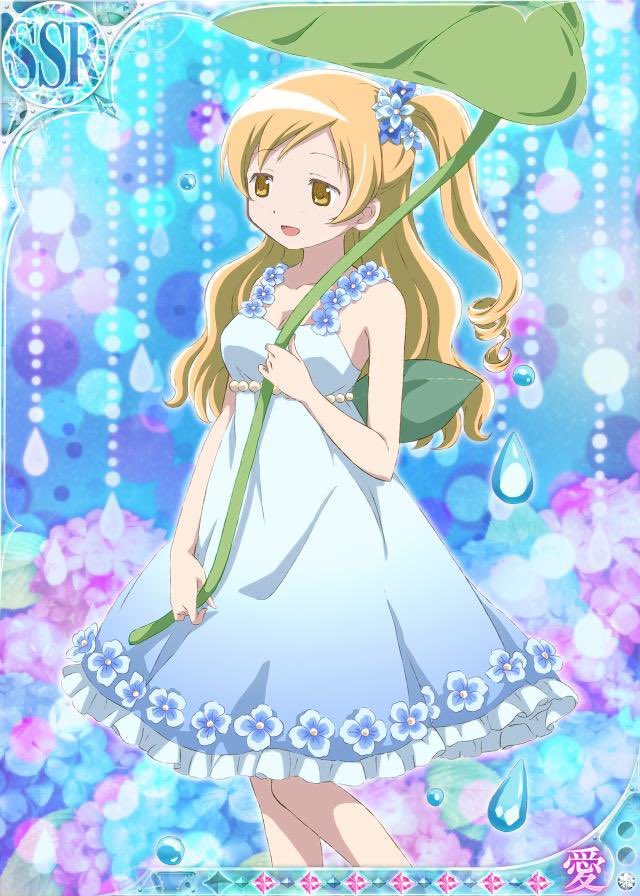 1girl, alternate_costume, alternate_hairstyle, bare_arms, bare_legs, blonde_hair, blue_background, blue_dress