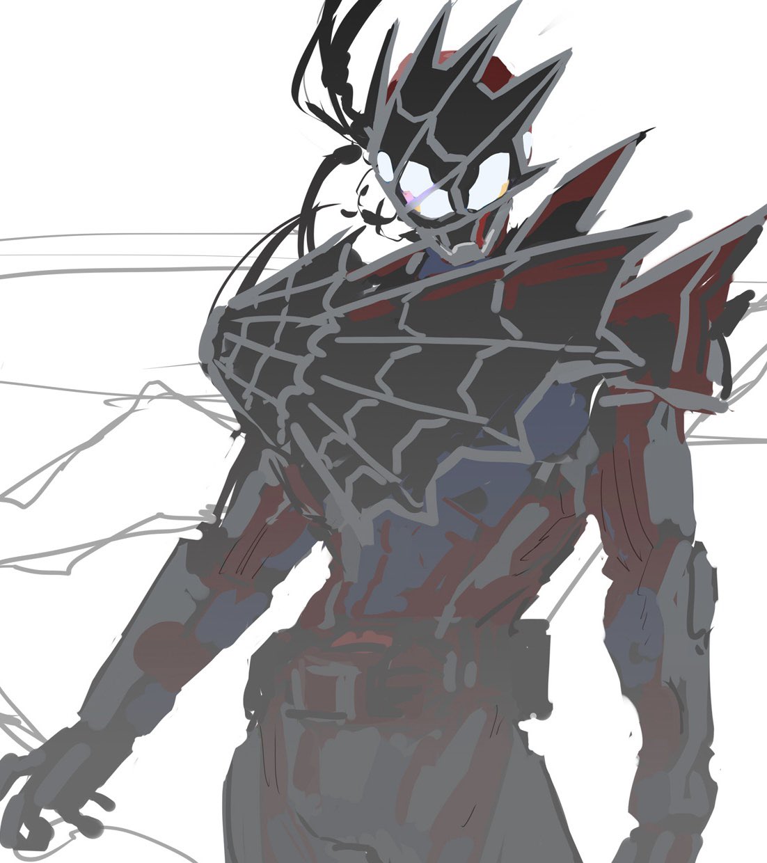 1boy, animal_print, armor, black_armor, blue_armor, blue_eyes, cowboy_shot, demons_driver