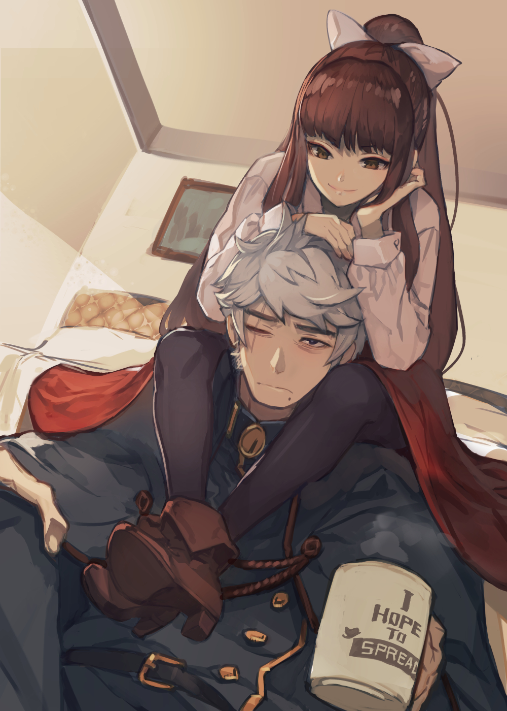 1boy, 1girl, aiguillette, belt, belt_buckle, black_cape, black_jacket, black_legwear, boots, brown_eyes, brown_footwear, brown_hair, buckle, buttons, cape, carrying, character_request, closed_mouth, coffee_mug, commentary_request, commission, copyright_request, cup, english_text, hide_(hideout), highres, holding, holding_cup, indoors, jacket, legs_on_another's_shoulders, long_hair, long_sleeves, looking_at_another, mug, on_bed, pantyhose, shirt, shoulder_carry, sitting, skeb_commission, smile, white_shirt