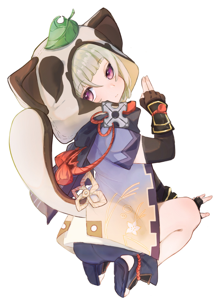 1girl, 2rabbits, absurdres, animal_ears, animal_hood, arm_up, ass, bangs, bike_shorts, black_footwear, black_gloves, black_shorts, blunt_bangs, brown_hair, elbow_gloves, expressionless, fake_animal_ears, fake_tail, fingerless_gloves, from_behind, genshin_impact, gloves, highres, hood, japanese_clothes, kimono, leaf, leaf_on_head, looking_at_viewer, looking_back, pink_eyes, purple_kimono, raccoon_ears, raccoon_tail, sayu_(genshin_impact), shoes, short_hair, short_kimono, short_sleeves, shorts, simple_background, sitting, solo, tail, toeless_footwear, two-tone_kimono, white_background, yellow_kimono