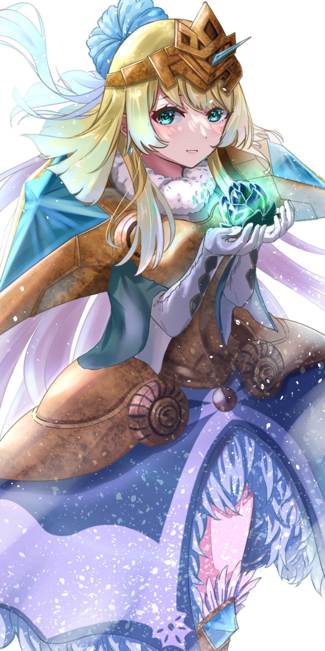 1girl, armor, armored_dress, bangs, blonde_hair, blue_dress, blue_flower, blue_hair