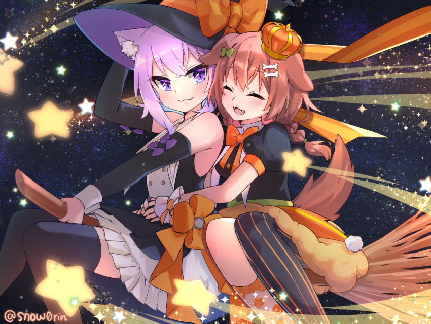 2girls, :3, animal_ear_fluff, animal_ears, asymmetrical_legwear, black_dress, black_legwear, black_shirt