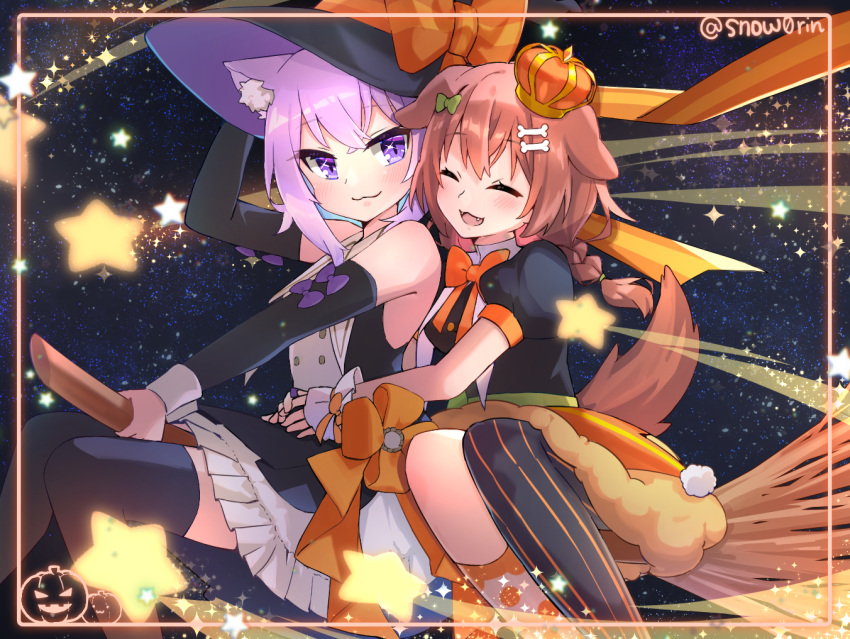 2girls, :3, animal_ear_fluff, animal_ears, asymmetrical_legwear, black_dress, black_legwear, black_shirt