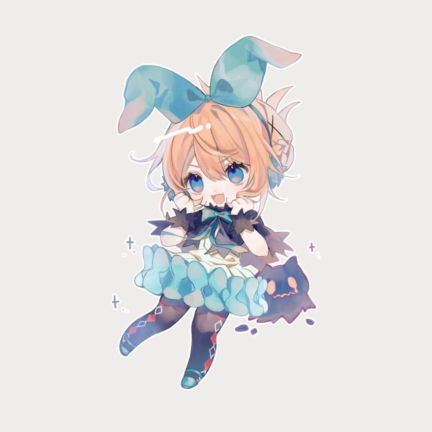 1girl, :d, argyle, argyle_legwear, bangs, black_cape, black_legwear, blue_bow