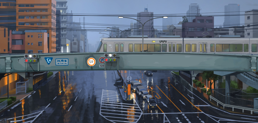 after_rain, bridge, building, bush, cable, car, chinese_commentary, chinese_text