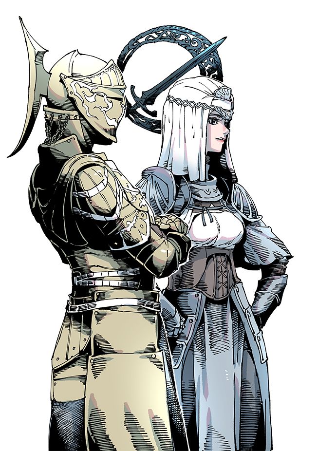 2girls, armor, blue_eyes, corset, dark_souls_(series), dark_souls_i, dark_souls_iii, full_armor