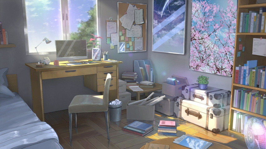 alarm_clock, bed, book, bookshelf, box, bulletin_board, chair, chinese_commentary