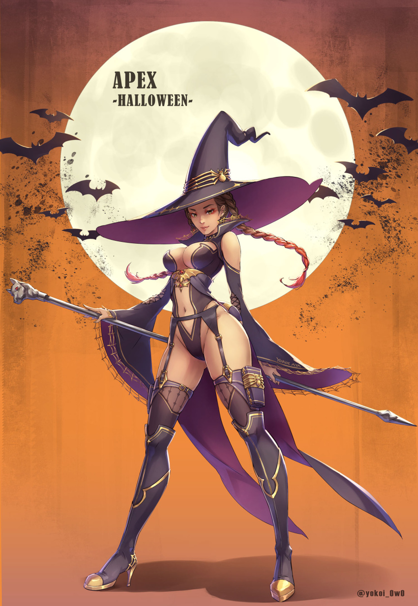 alternate_costume, apex_legends, ass_visible_through_thighs, bat, black_footwear, black_headwear, black_leotard, boots, braid, breasts, brown_eyes, brown_hair, center_opening, dark-skinned_female, dark_skin, eyeshadow, floating_hair, gradient_hair, hair_behind_ear, halloween, hat, high_heel_boots, high_heels, highres, holding, holding_staff, knee_boots, large_breasts, leotard, loba_(apex_legends), makeup, moon, multicolored_hair, navel, red_eyeshadow, redhead, skindentation, smile, staff, thigh-highs, twin_braids, under_boob, witch, witch_hat, yokoi_aya