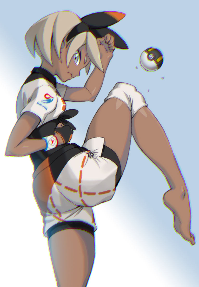 1girl, barefoot, bea_(pokemon), black_hairband, chromatic_aberration, clenched_hand, closed_mouth, dark-skinned_female
