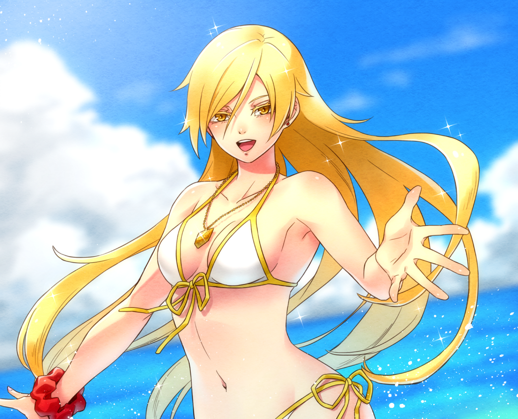 1girl, breasts, clouds, dragon_quest, dragon_quest_xi, genderswap, genderswap_(mtf), jasper, long_hair, looking_at_viewer, navel, open_mouth, smile, solo, swimsuit, yumeoti