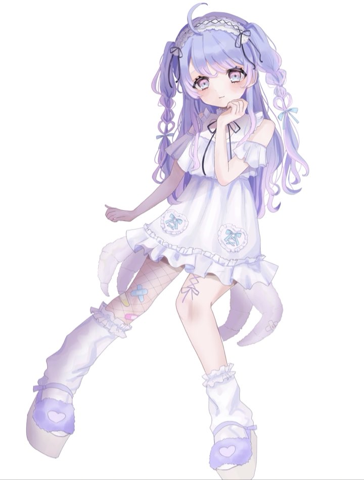 1girl, amiya_aranha, bangs, blue_bow, bow, braid, cowlick, detached_sleeves, dress, eyebrows_behind_hair, flat_chest, hair_bow, hairband, head_tilt, invisible_chair, kuau, lolita_hairband, long_hair, platform_footwear, purple_hair, short_sleeves, sitting, solo, tsunderia, tube_socks, twin_braids, violet_eyes, virtual_youtuber, white_dress