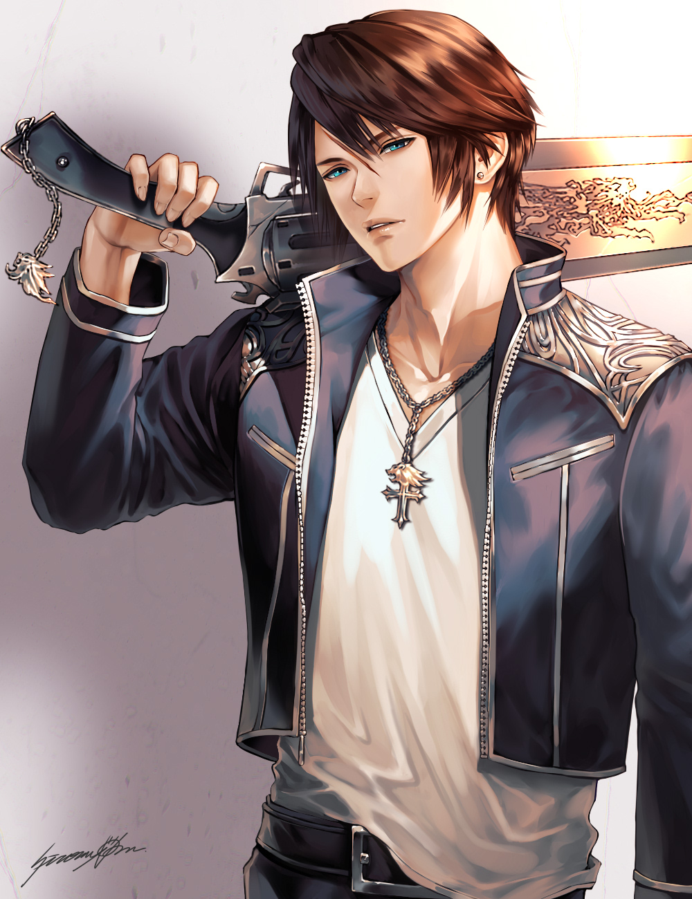 1boy, belt, blue_eyes, brown_hair, final_fantasy, final_fantasy_viii, gunblade, highres