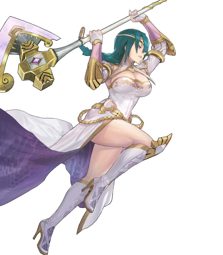 1girl, axe, bangs, battle_axe, boots, braid, breasts, bridal_gauntlets, circlet, dress, fire_emblem, fire_emblem_heroes, full_body, green_hair, high_heel_boots, high_heels, highres, holding, holding_weapon, jewelry, knee_boots, large_breasts, long_sleeves, maeshima_shigeki, official_art, shiny, shiny_hair, single_braid, smile, solo, thorr_(fire_emblem), tied_hair, transparent_background, weapon, white_dress, white_footwear, yellow_eyes