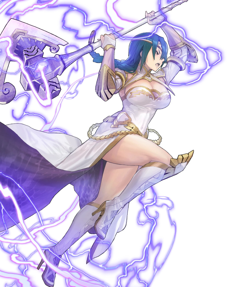 1girl, axe, bangs, battle_axe, boots, braid, breasts, bridal_gauntlets