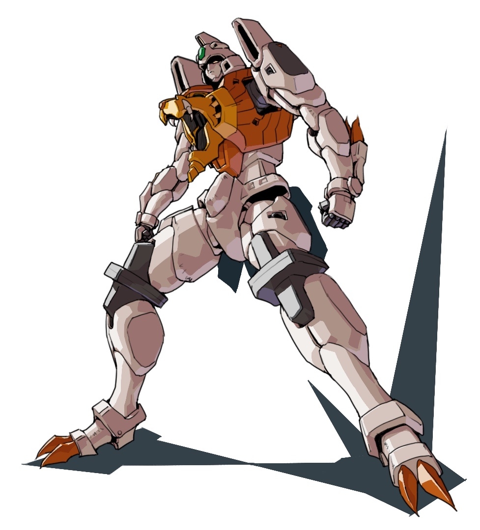 clenched_hands, fangs, gaigar, head_tilt, looking_ahead, mecha, roko_(project_1104), science_fiction, shadow, super_robot, white_background, yellow_eyes, yuusha_ou_gaogaigar, yuusha_series